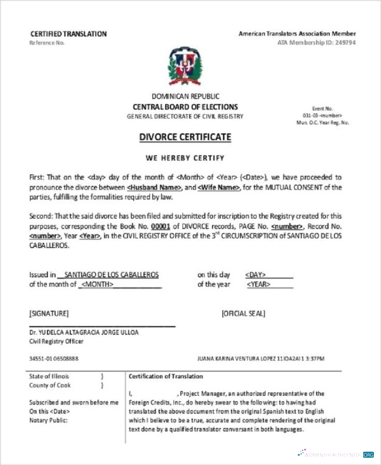 Download Dominican Republic General directorate of civil registry divorce cerificate Photoshop template